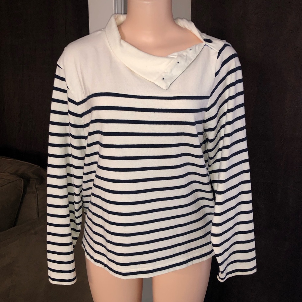 J. Crew White and Navy Striped Blouse
